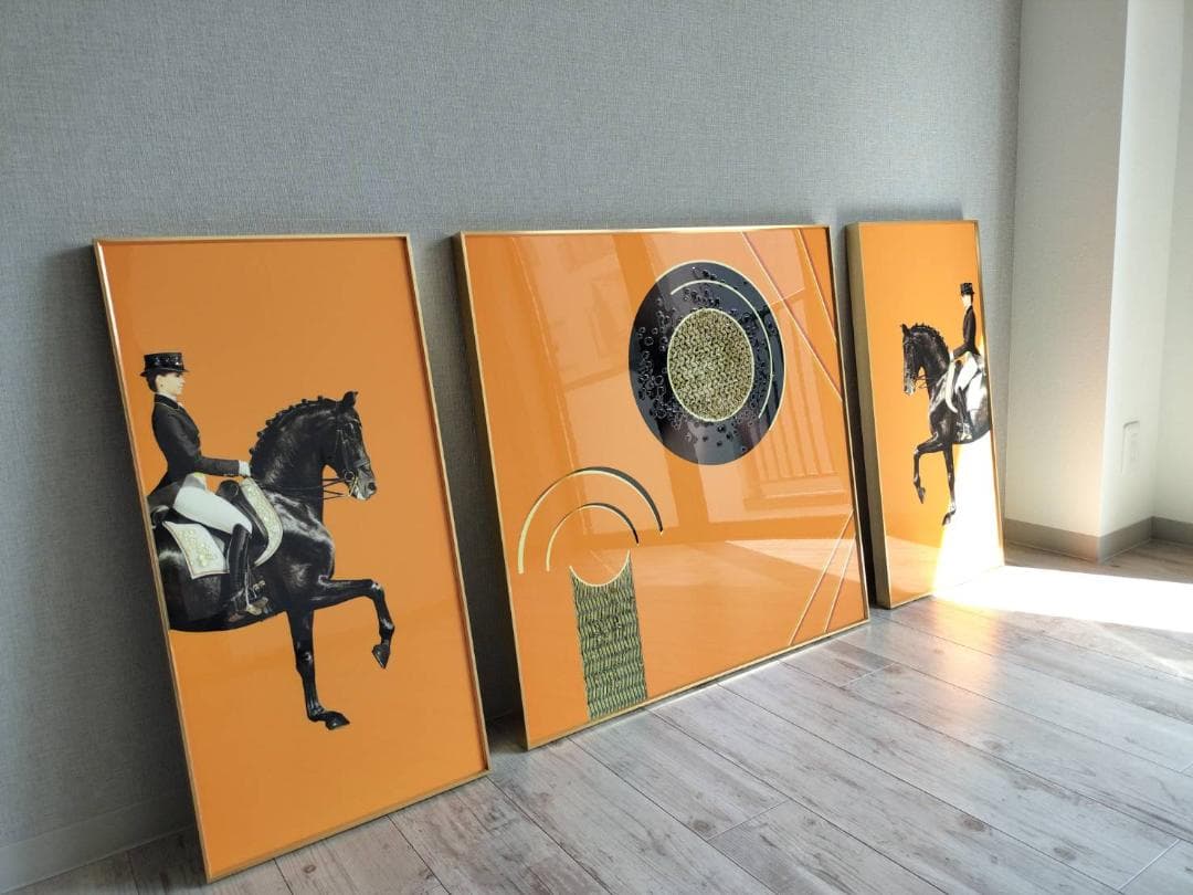 エルメス風　絵　オレンジ　騎手　馬と騎手のグラフィックアート3点セット