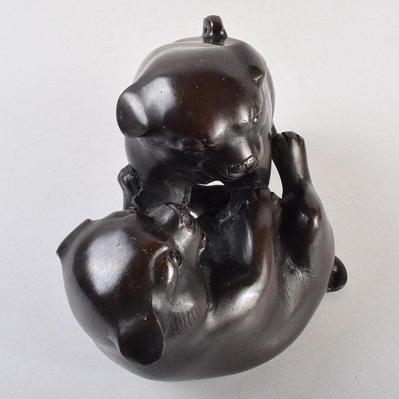 金工師　秀山作　鋳銅　戯れる子犬　置物　共箱　M　R9214