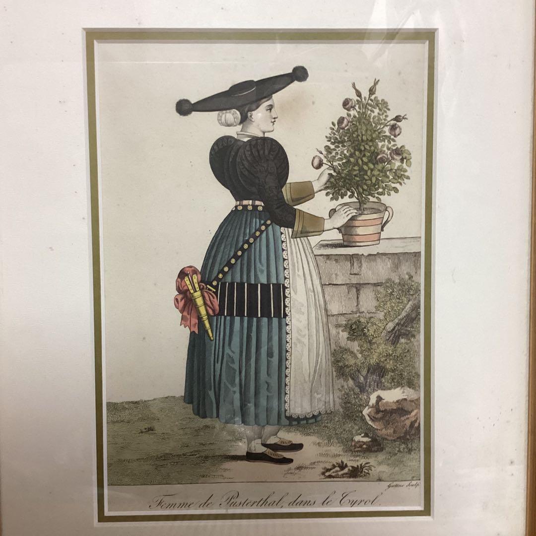 フランスアンティーク石版画2点セット フレーム付き