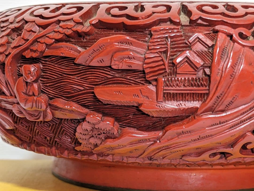 ♦中国 古玩 堆朱彫漆 七宝釉楼閣山水図紋様 盆 コレクション骨董品アンティーク