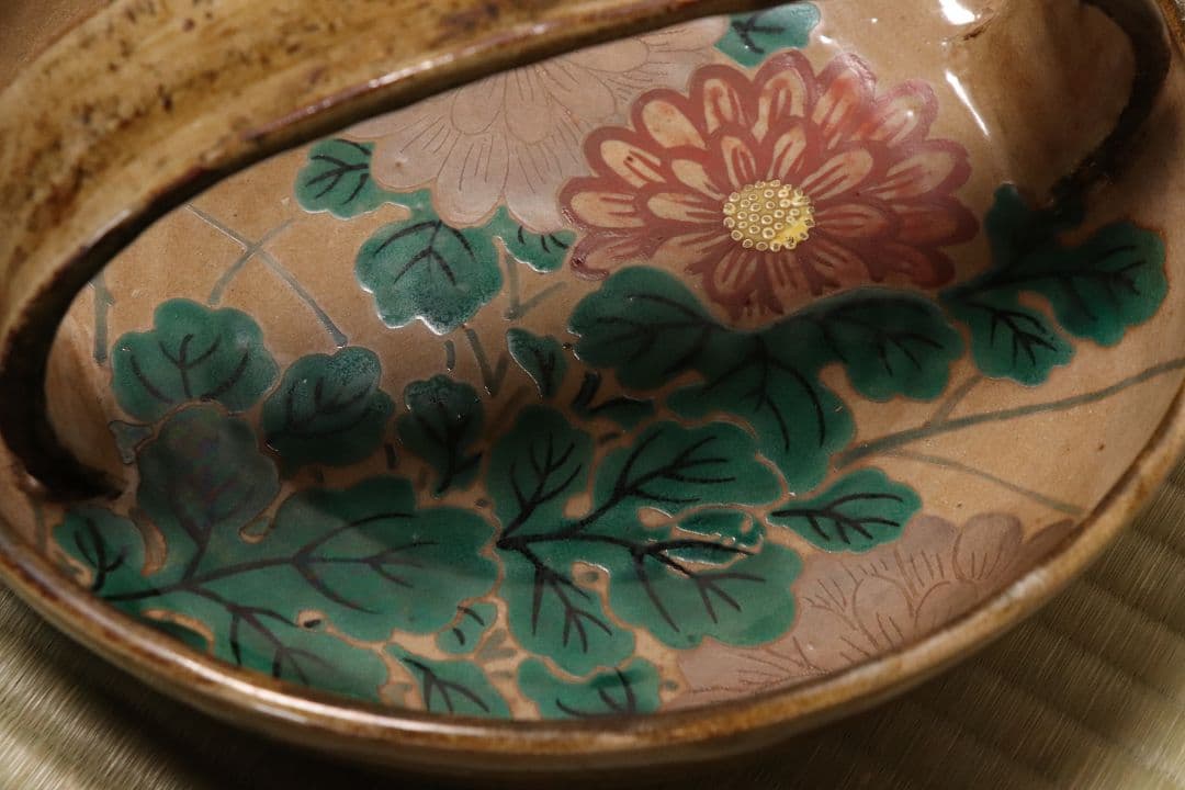 乾山焼 三代乾山 菊図 手付菓子器 木箱 陶芸 草花 鉢 時代【MA480】