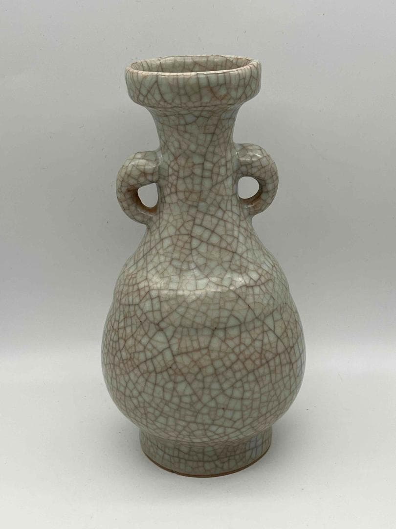 宋時代　青磁　哥窯双獸耳弦文盤口瓶　【旧家蔵出し】花瓶 水注 花入れ(A-57)