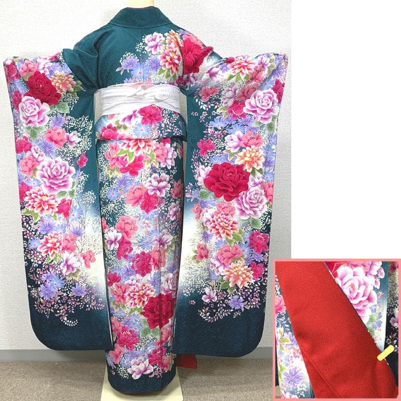 410z14〇高身長な方にも 振袖 長襦袢付き 地紋 金彩〇美品 成人式 結婚式