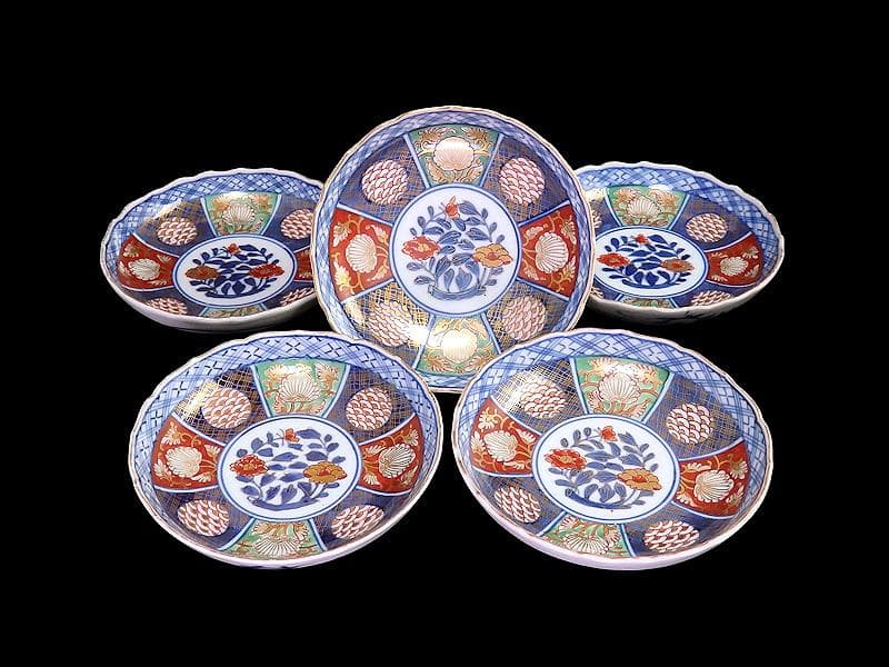 大聖寺伊万里　金襴手　青海波に牡丹の図　４寸皿　５枚　B205AS-CZe