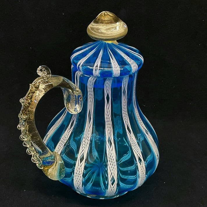 Murano ムラノ 金彩 蓋付き 水色 レース 水差し ピッチャー