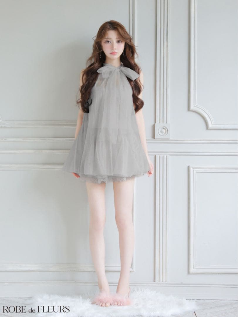 ROBE de FLEURS ハイネックウエストリボンフレアミニキャバドレス