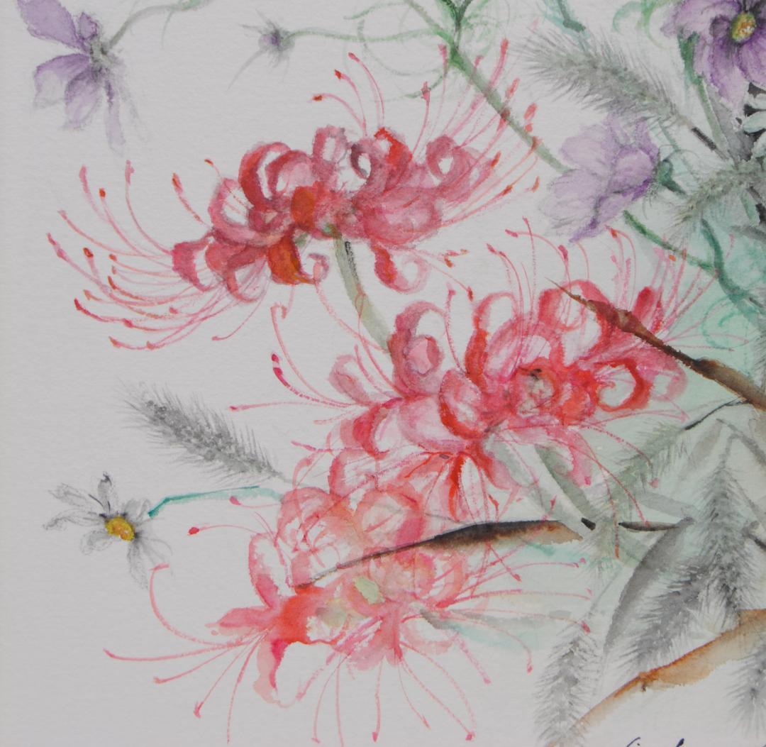 彼岸花 曼殊沙華 コスモス のじぎく 猫じゃらし 水彩画 絵画 花の絵 秋