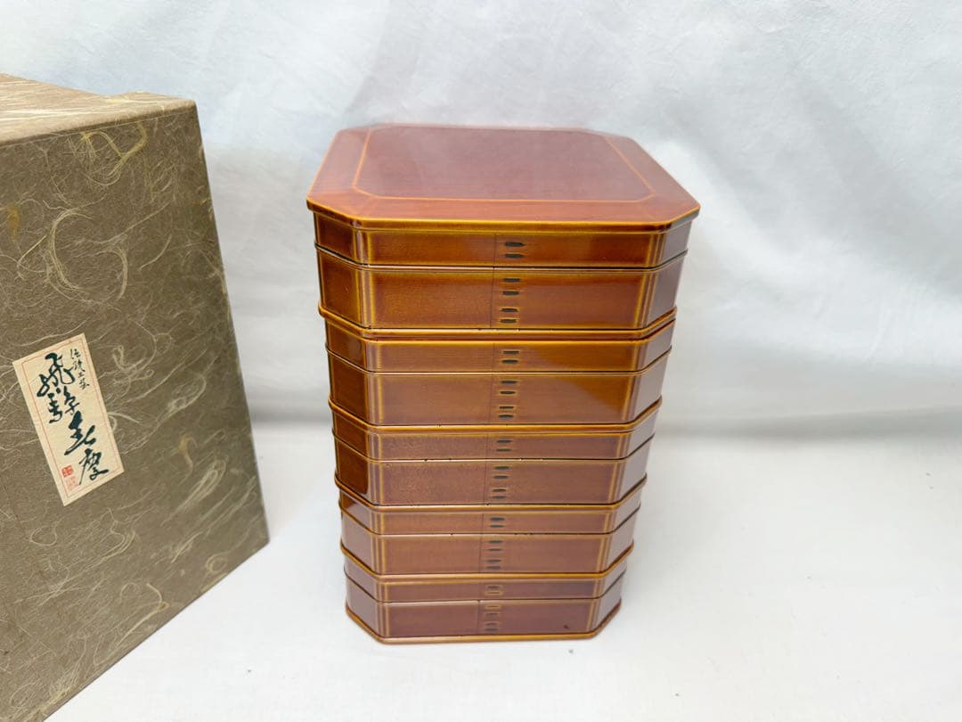 ほぼ未使用 懐石道具 飛騨春慶塗 5段重箱 天然木製 元箱