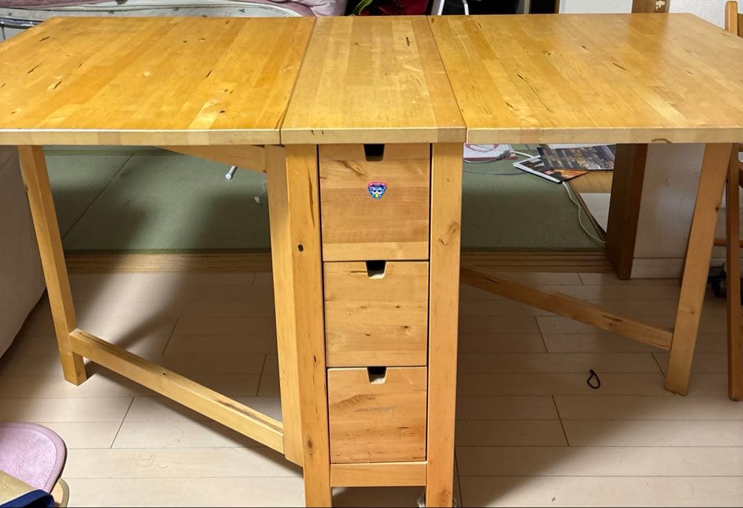 木製 折りたたみ式テーブル 引き出し付き 【前後ろ引き出し付き】