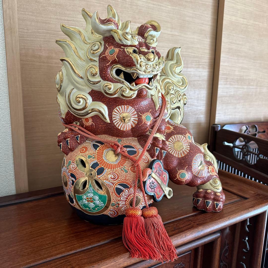 希少　九谷焼　金彩盛絵玉乗り獅子　風水　開運　特大陶器　置物　日本陶芸伝統品
