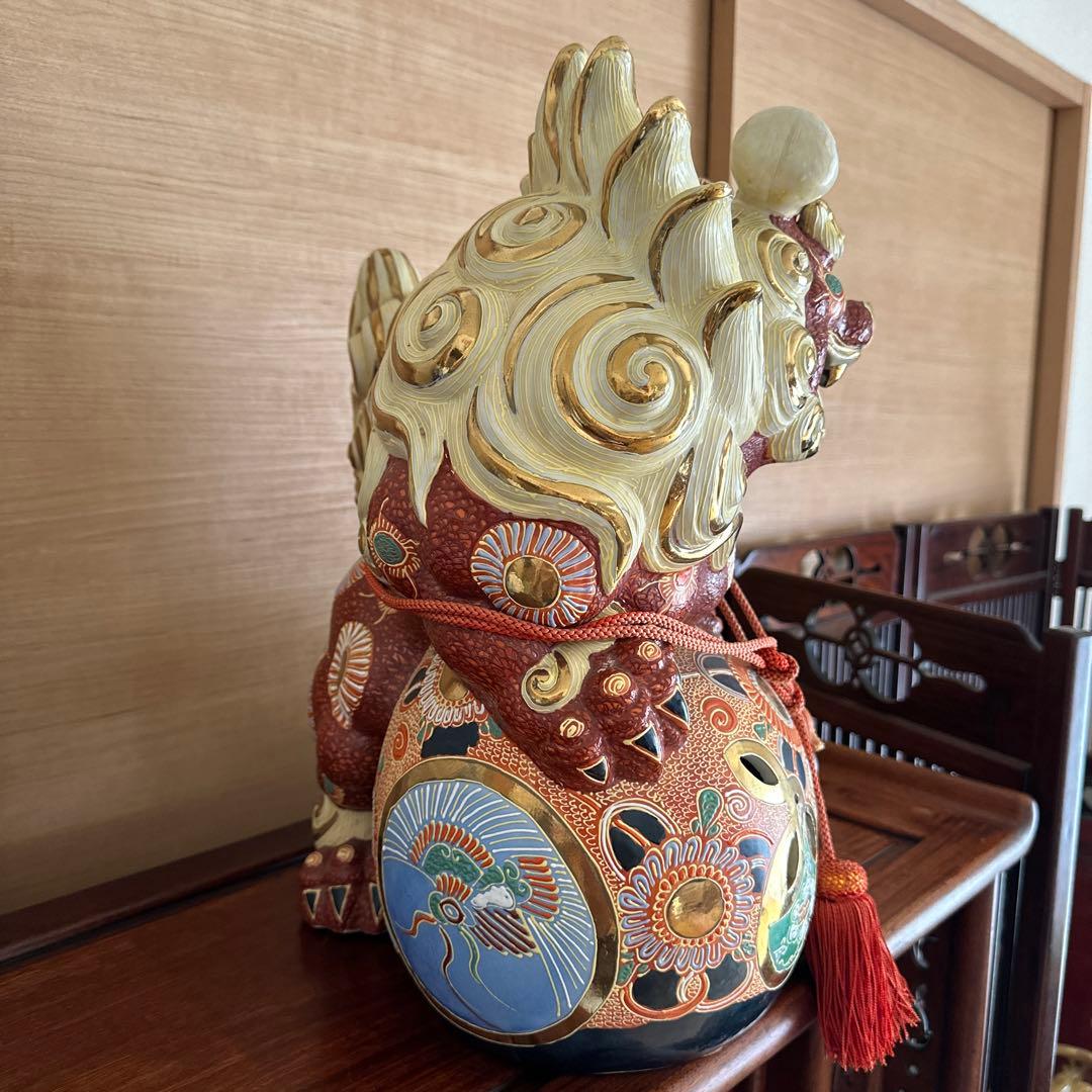 希少　九谷焼　金彩盛絵玉乗り獅子　風水　開運　特大陶器　置物　日本陶芸伝統品