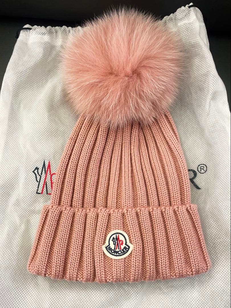 MONCLER ピンク ニット帽 ファー付き ポンポン モンクレール 正規品