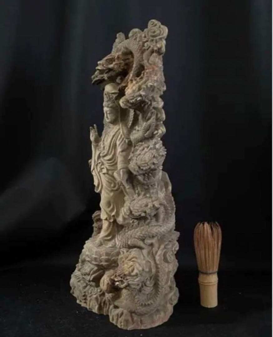 大型　高37cm 仏教工芸品　総楠製　井波彫刻　一刀彫　極上彫　九龍観音菩薩立像