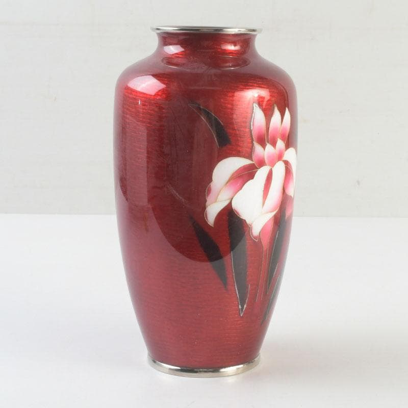 七宝焼　安藤七宝店　赤透釉　花文　花瓶　敷板・箱付　V　9279