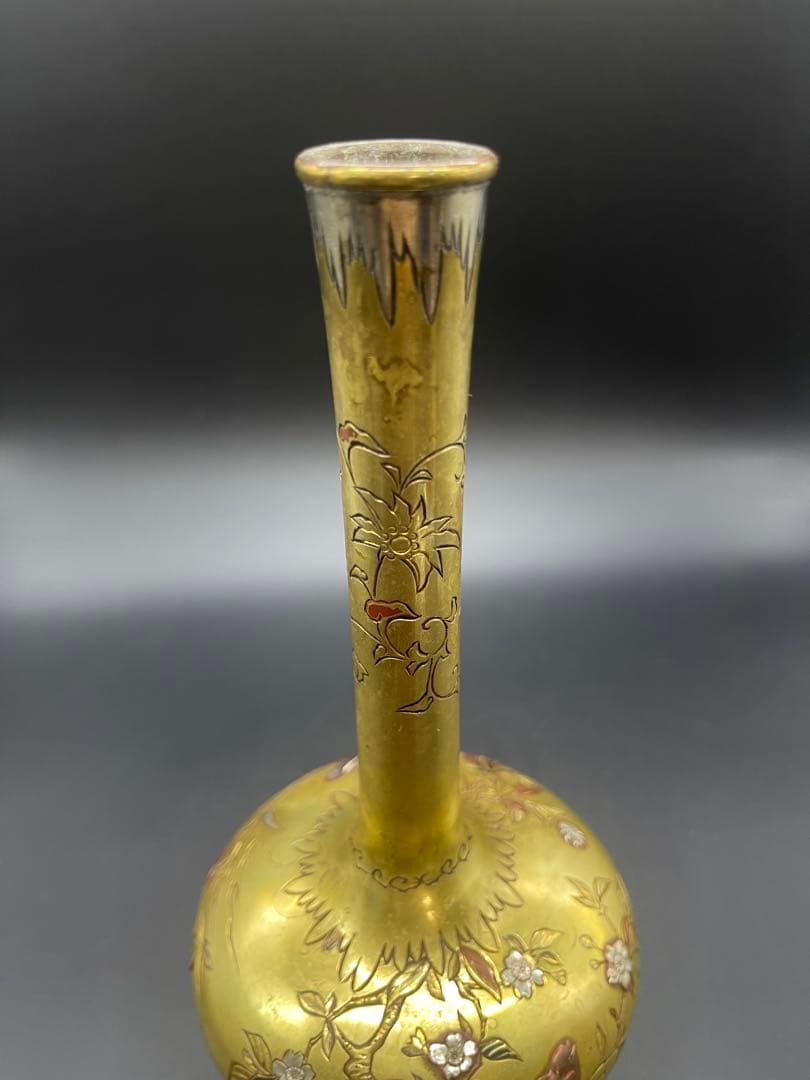 明治時代　金工　花瓶　金銀象嵌　骨董古美術