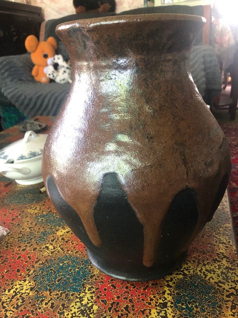 手作り 自然釉流れ　大型壺 33cm 約5kg 和テイスト 無傷
