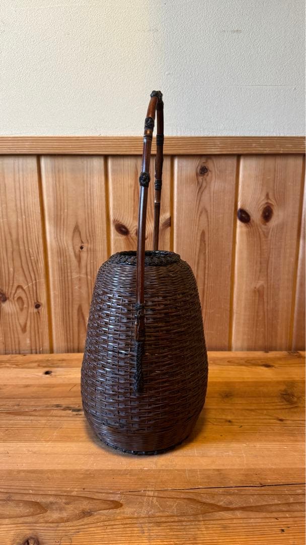 美品　籠　唐物　手付松葉籠　島田竹宝斎作　生花籠　箱付き　茶道具