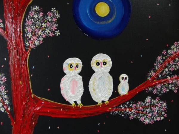TOMOYUKI・友之、「夜桜と親子梟」、証明書付、額付、絵画 油絵 油彩画