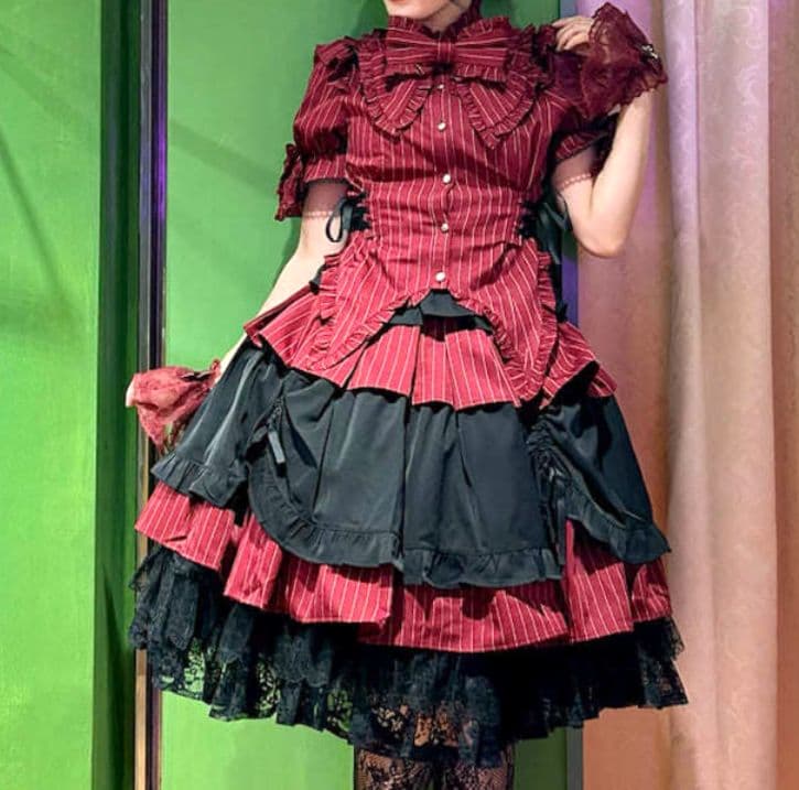 シャルミエール ストライプフリルスカート/ストライプリボンブラウス ボルドー M