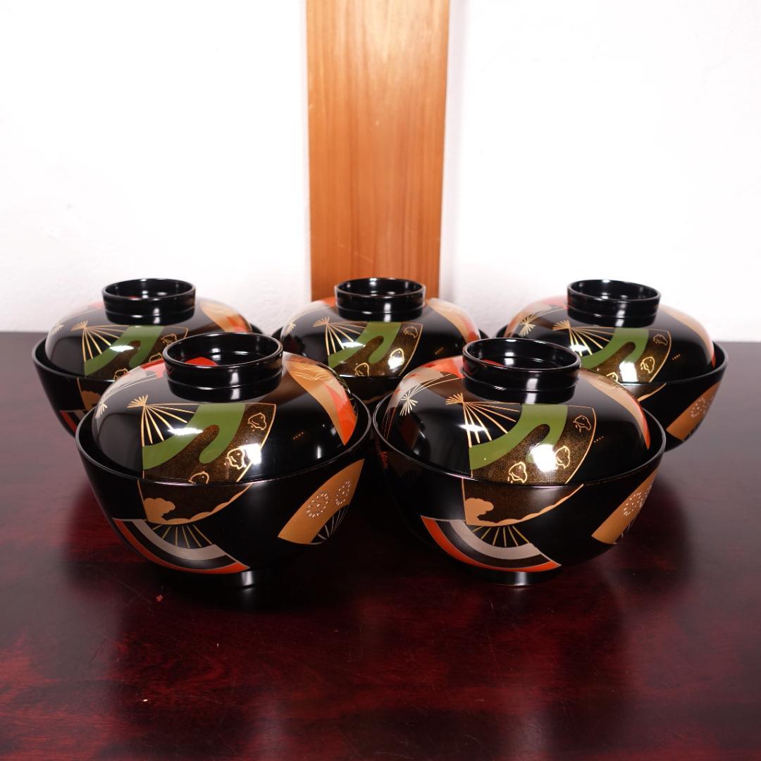 輪島塗 黒塗 扇蒔絵 煮物椀 5客 共箱 天然木製漆器