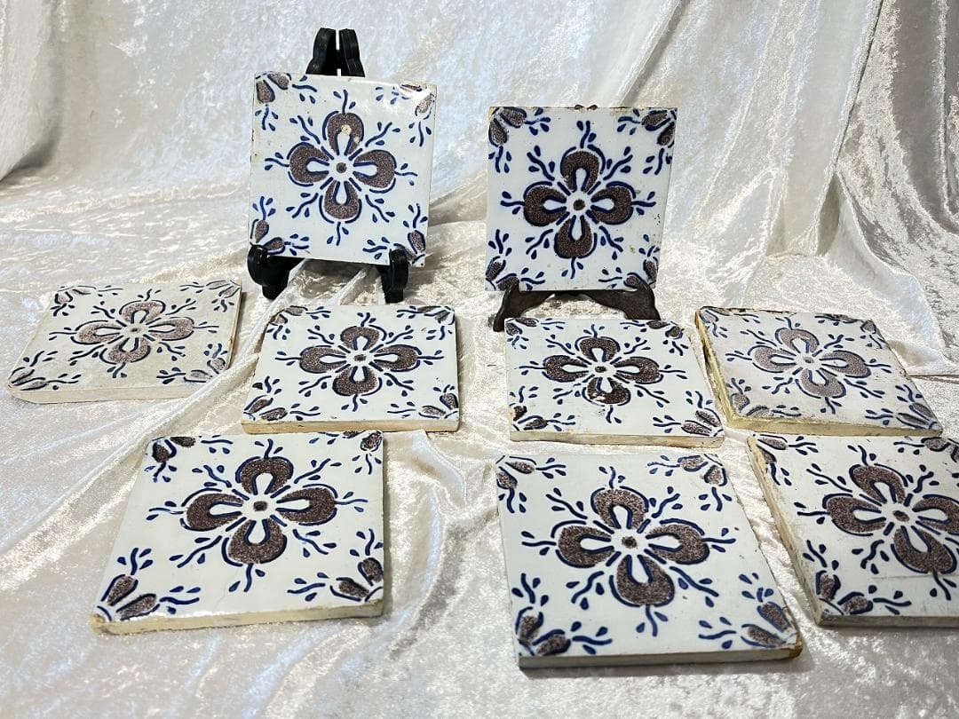 古いタイル　花柄 9枚セット DISTRESSED　フランス　銘あり