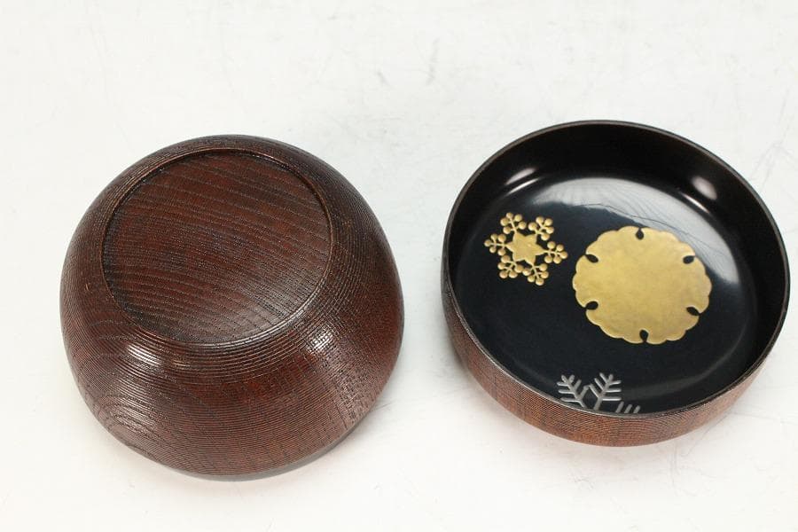 茶道具 塗師 辻 石斎作 糸目平棗 蓋内 雪蒔絵 共箱 美品(K-A642)