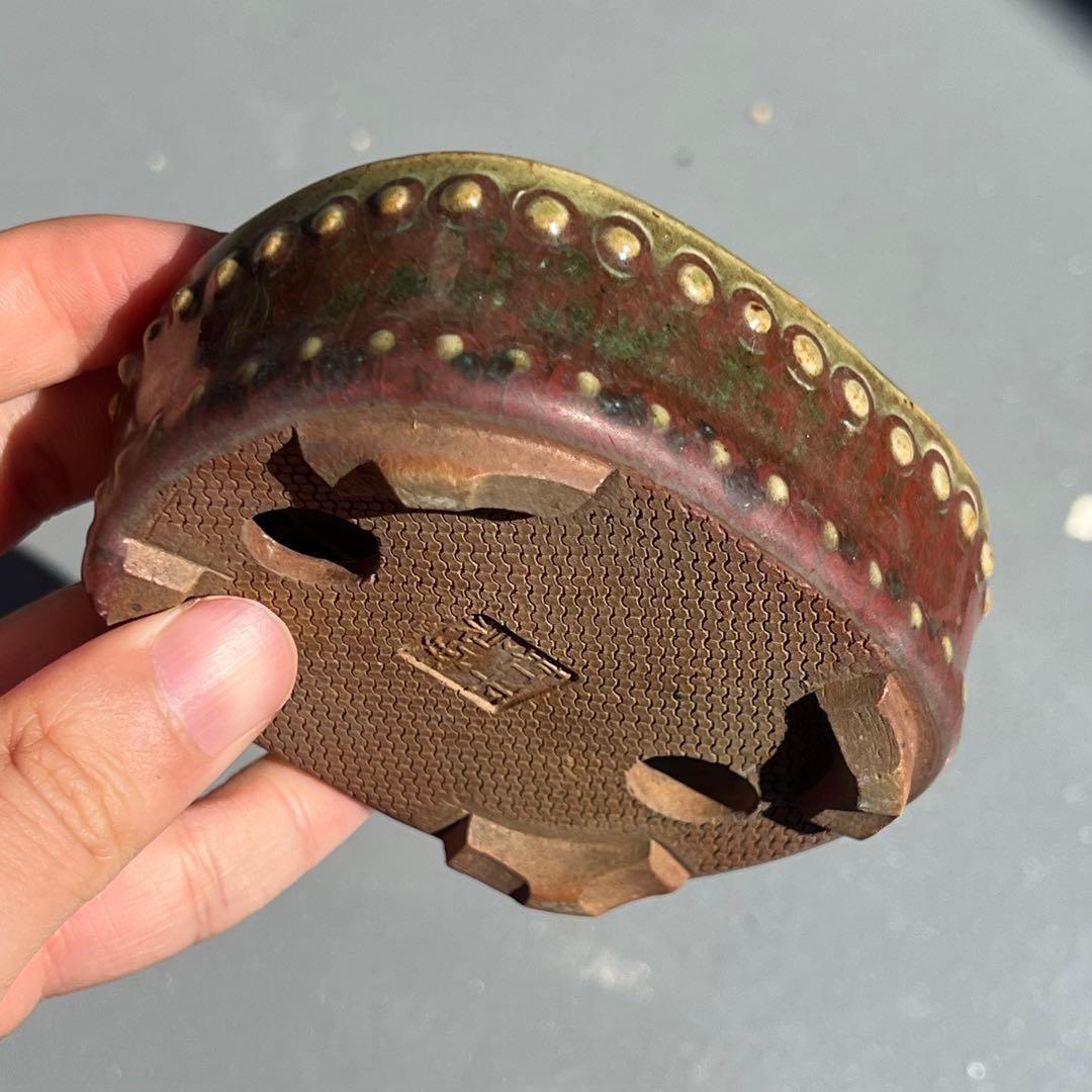 730.平安虹泉 辰砂釉鼓釘抚角長方 盆栽鉢 植木鉢 9.4*8.1*3.6cm