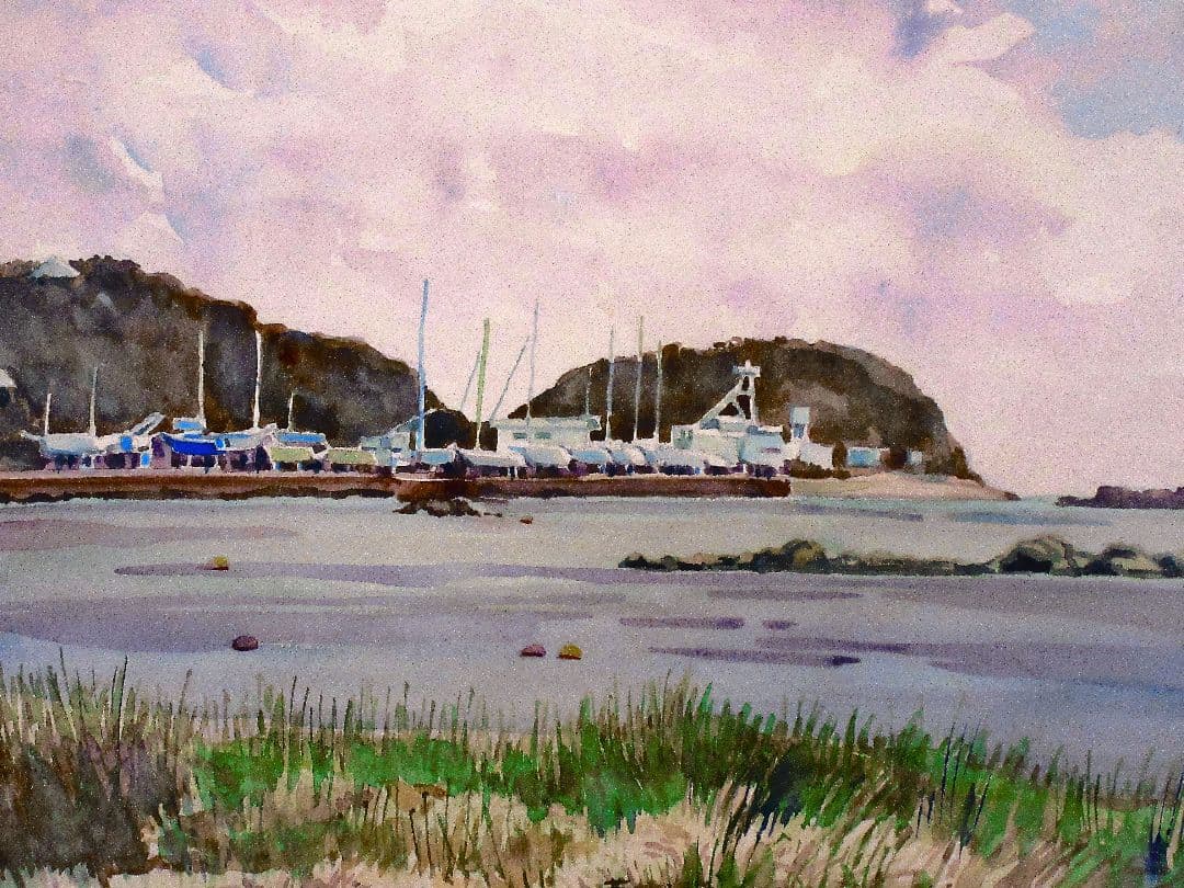 荒崎海岸を望む水彩画 額装済み