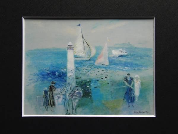 片岡真太郎、【白い燈台】、希少画集画、高級新品額・額装付、状態良好