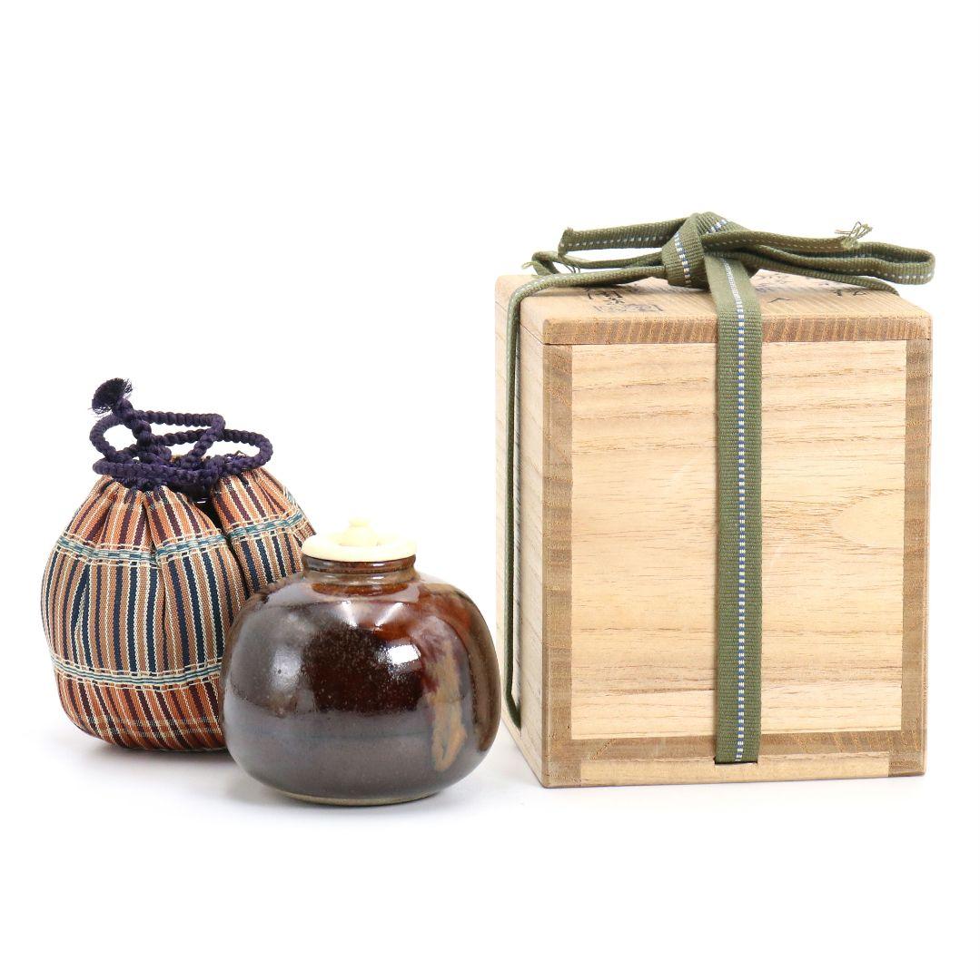 陽炎園 淡海ぜぜ 膳所焼 茄子茶入 仕覆付 茶道具 共箱　V863　N6