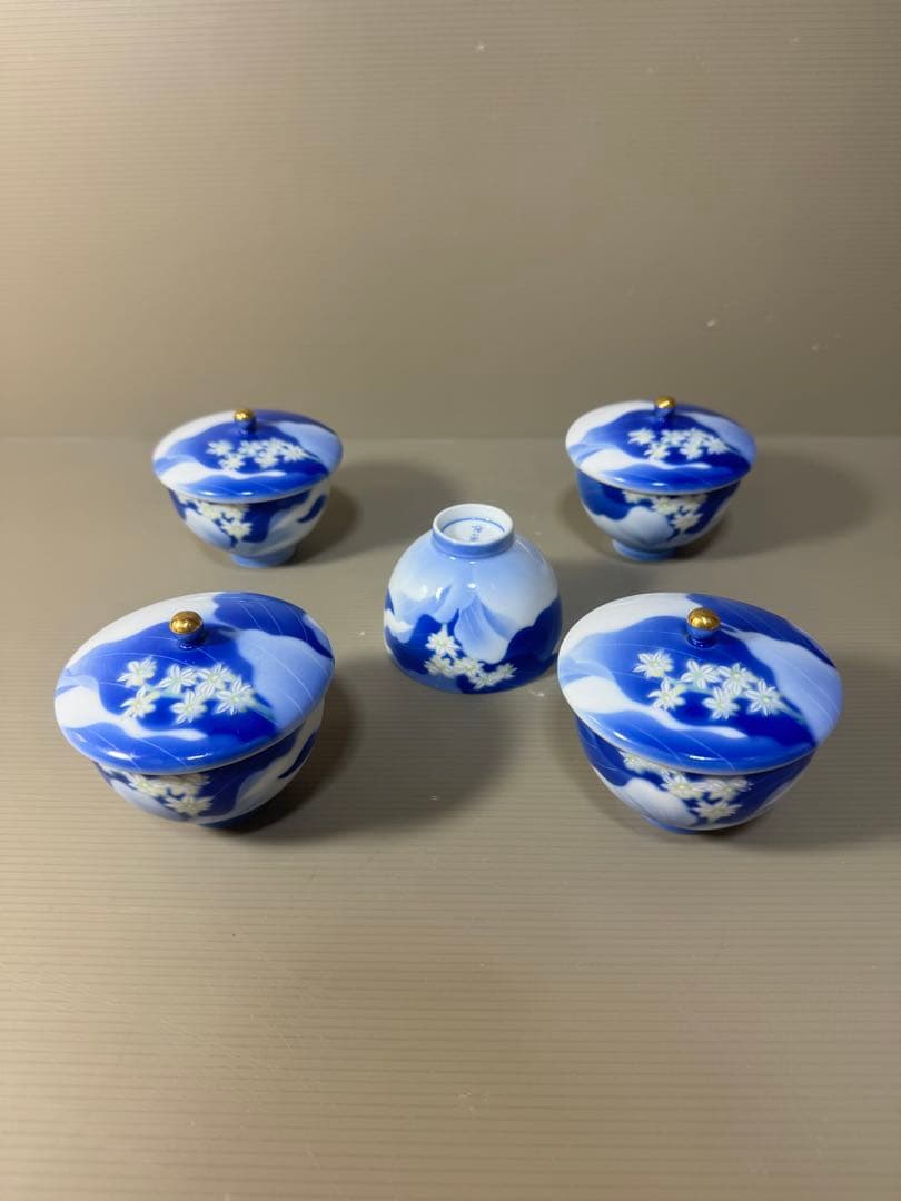 2386 深川製磁　白い花　湯呑　蓋付き　5客　未使用