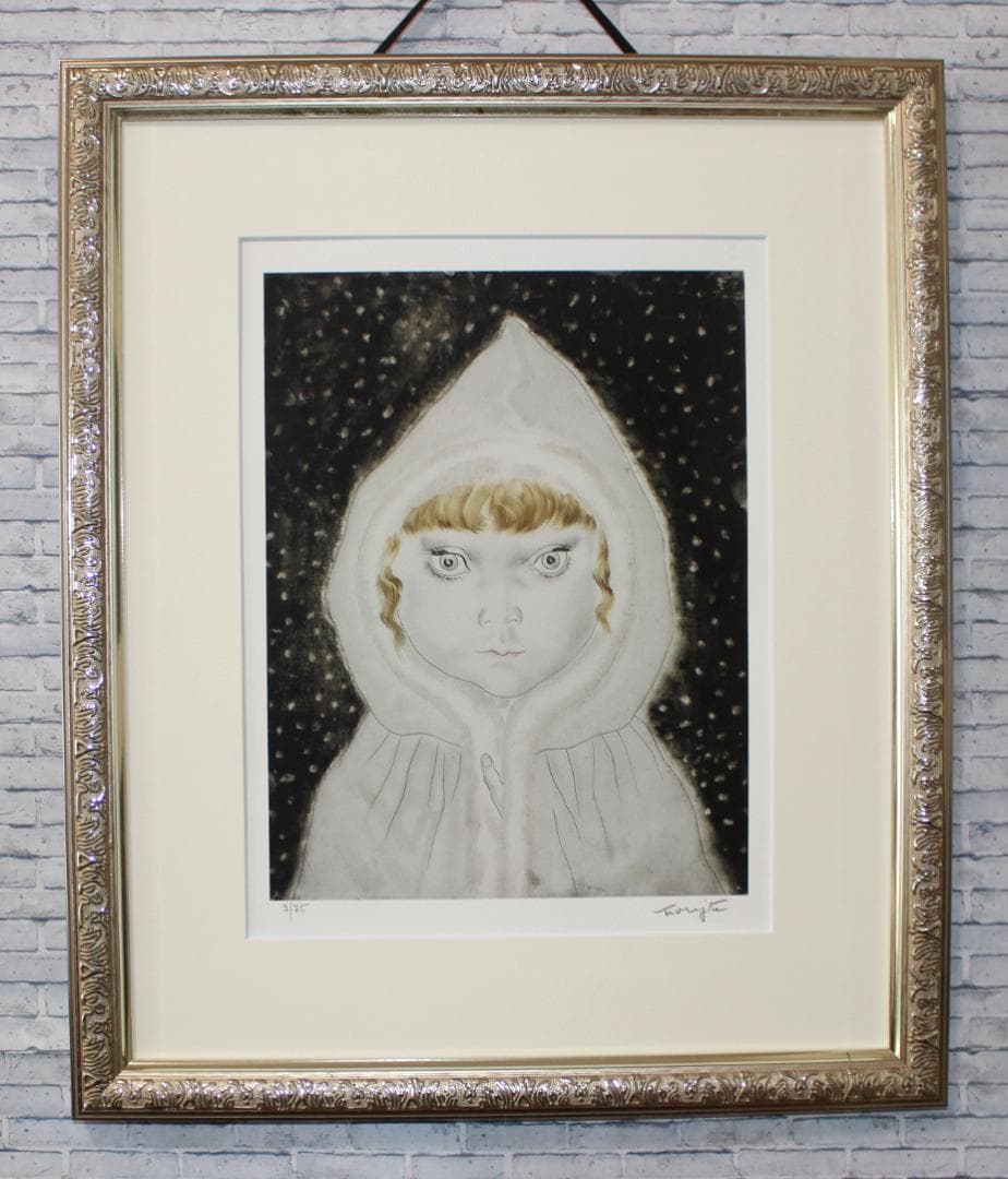 藤田嗣治 エスタンプリトグラフ「白い頭巾の少女」販売証明書付き 7/75