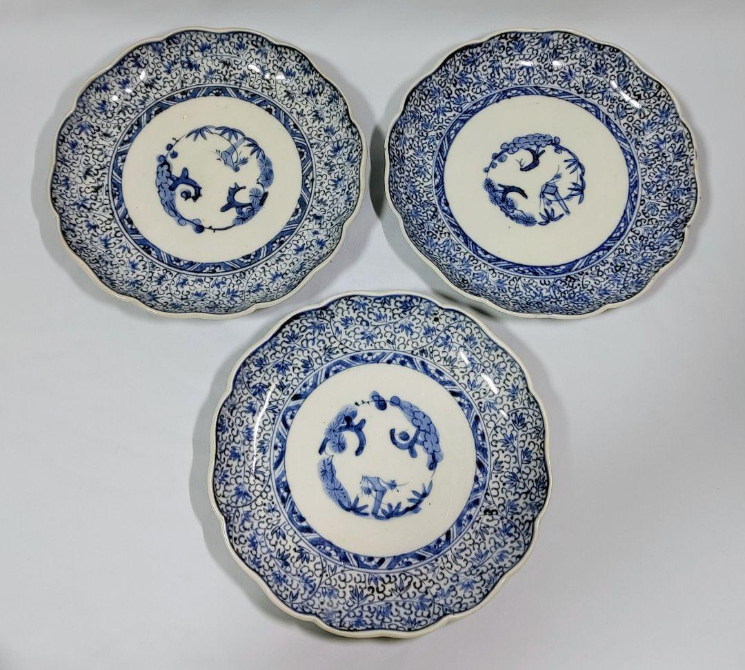 萩唐草七寸皿　三枚　古伊万里