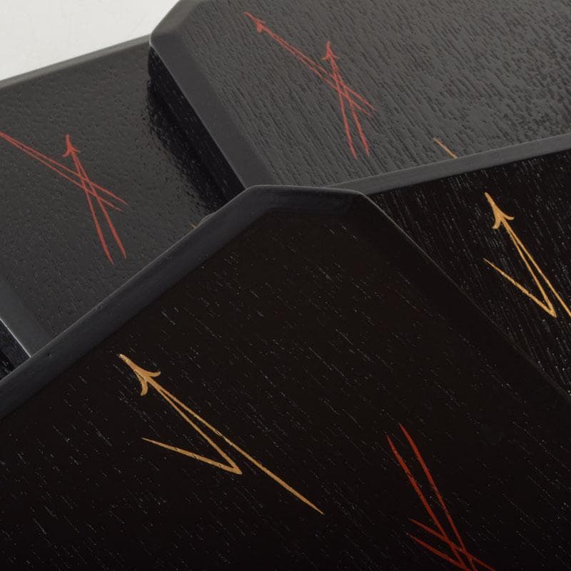 和食器　黒漆　松葉蒔絵　柿合　折曲重箱　5点　C　8573A