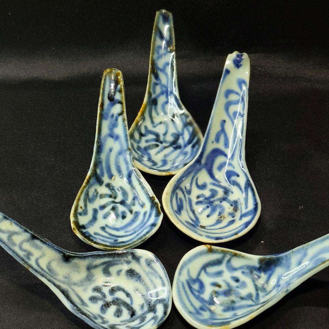 中国骨董 染付レンゲ 手描き 古美術品 アンティーク 時代物 コレクター放出美品