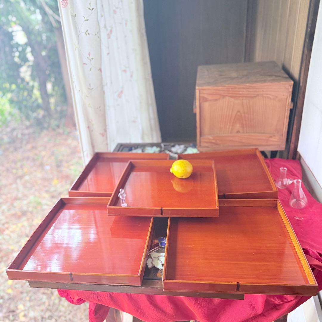 迎春感謝‼️キャラメル色‼️JAPAN 飛騨春慶塗飴色「胴張り御膳」5客木箱入