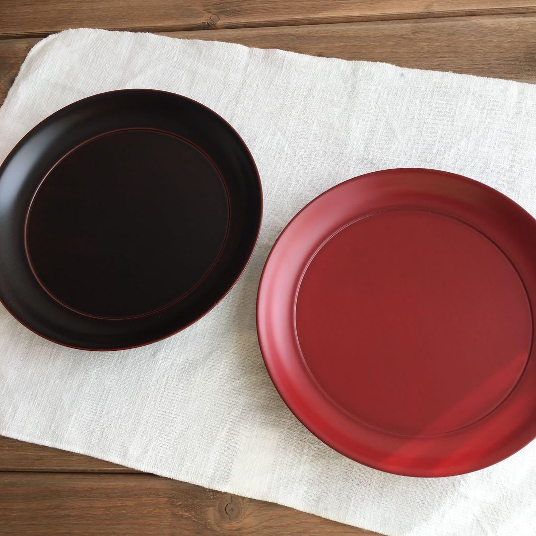 安比塗漆器工房8寸菓子皿トチ 溜 本朱 2個セット未使用品