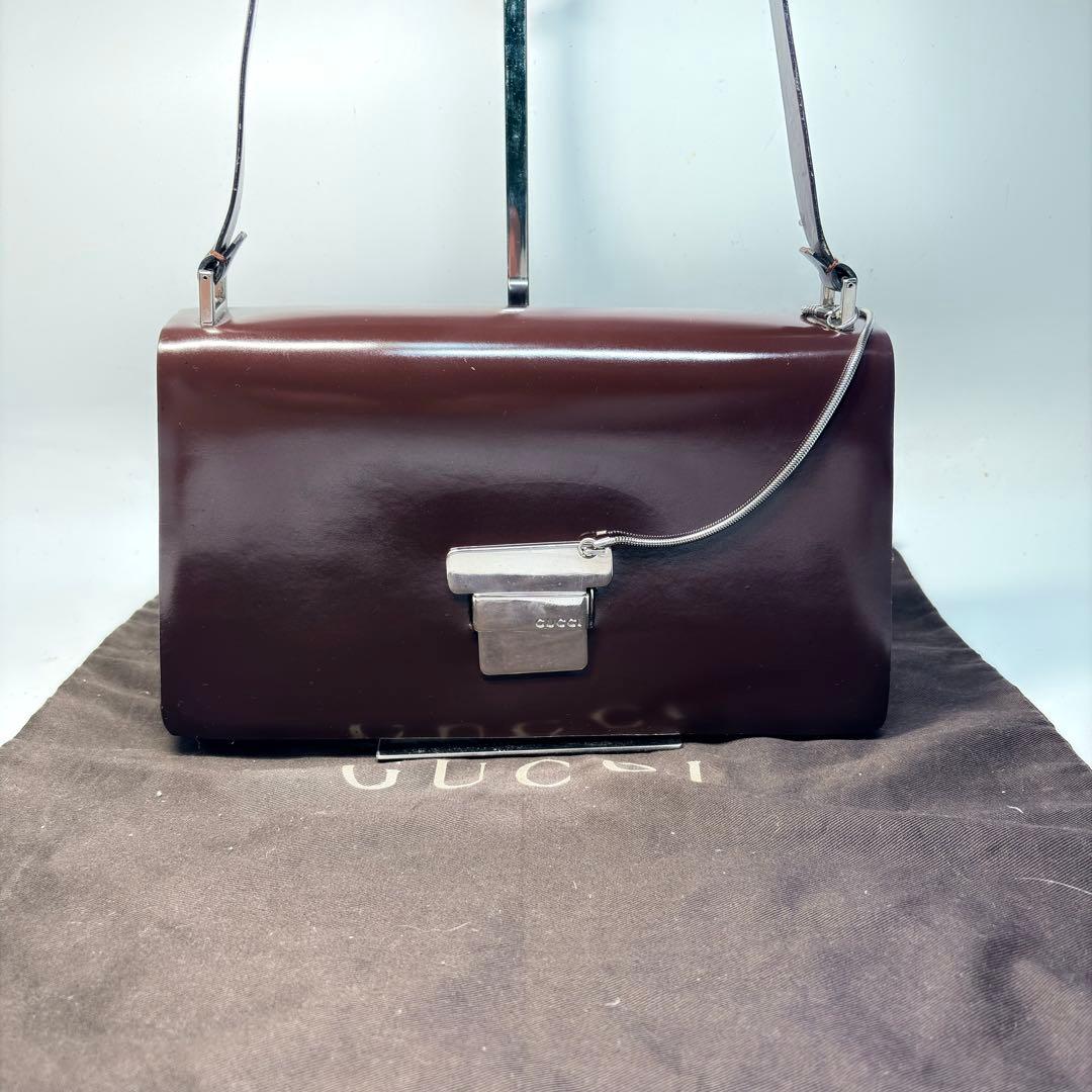 美品　GUCCI グッチ ショルダーバッグ エナメル ダークブラウン シルバー