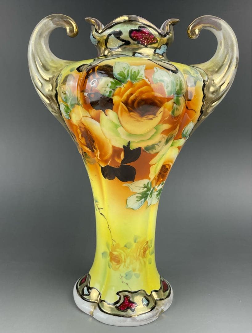 【大型】オールドノリタケ ２８．７cm 薔薇紋花瓶 金彩 金盛り マッスル