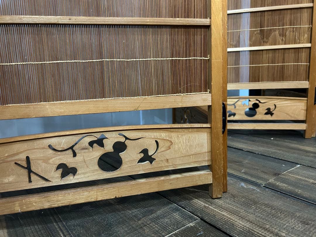 【火星人】古い竹簾屏風 衝立 パーテーション 四連 透かし彫り 古道具