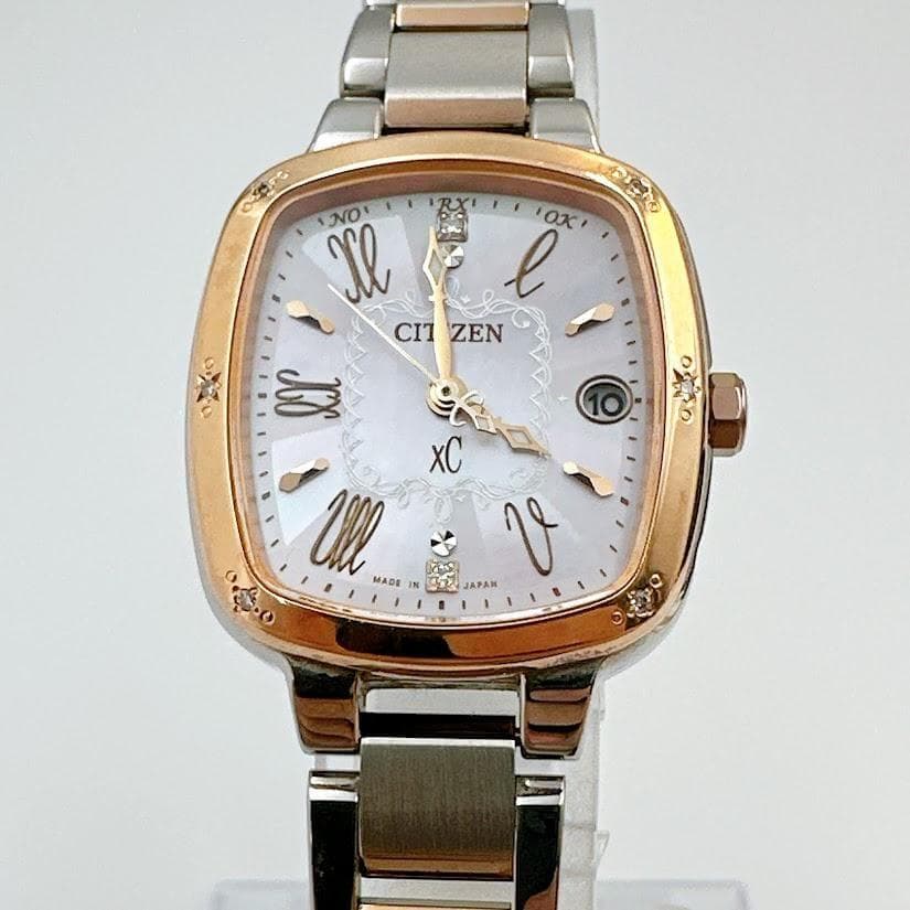 美品 シチズン クロスシー レディース腕時計 電波ソーラー ピンク スクエア