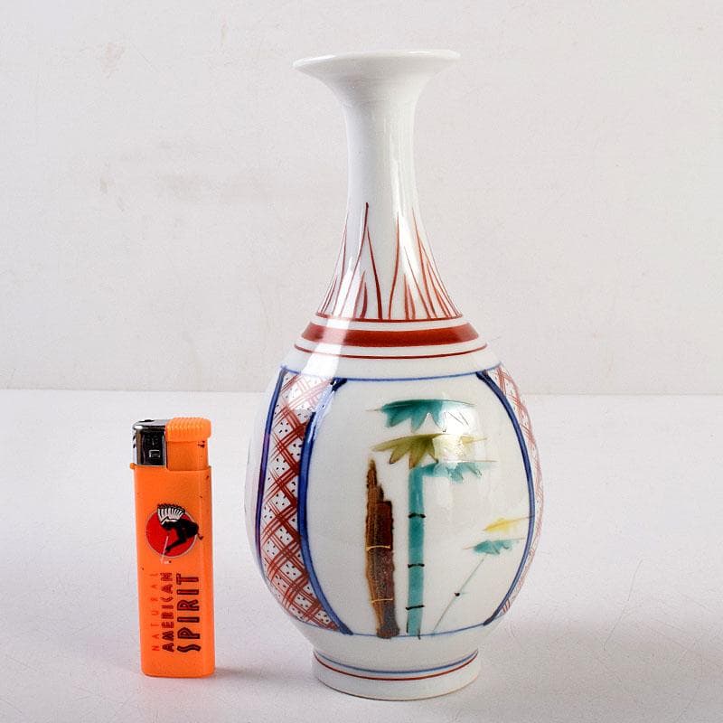 九谷焼　松本佐吉作　色絵松竹梅文　花瓶　共箱　Z　8576