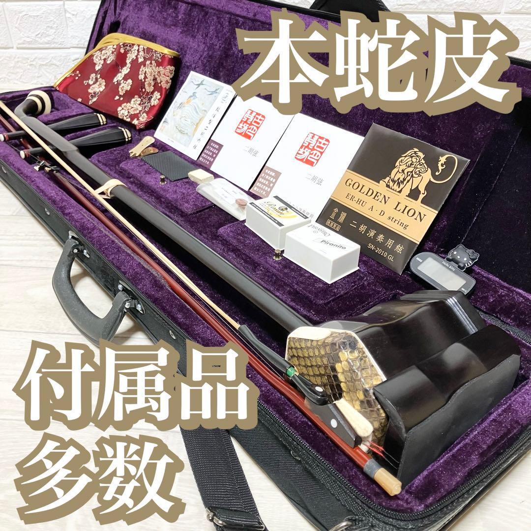 蛇皮　本革　高級 二胡 中国 弦楽器 彫刻 民族楽器 ケース付き　付属品多数