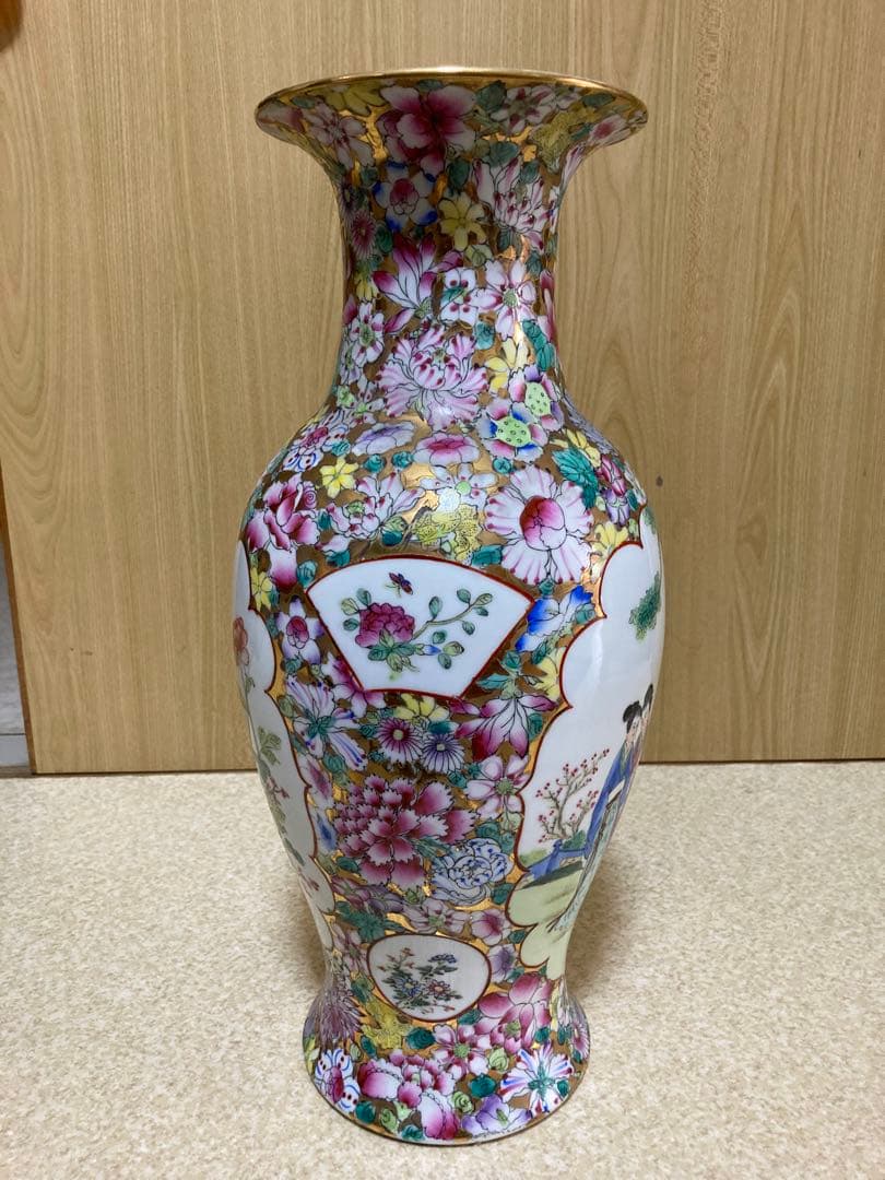 中国骨董／人物花鳥図／￼絵金百花瓶／亁隆年製铭