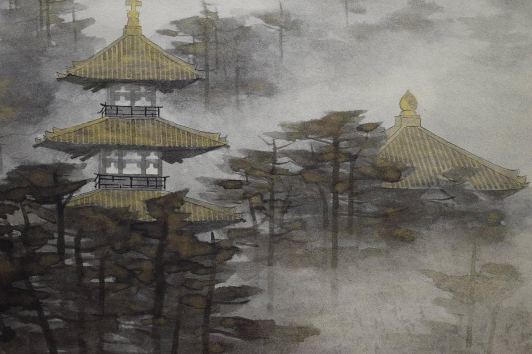 真作/江連雄久/古塔/塔山水図/桐共太巻二重箱付/布袋屋掛軸HH-36