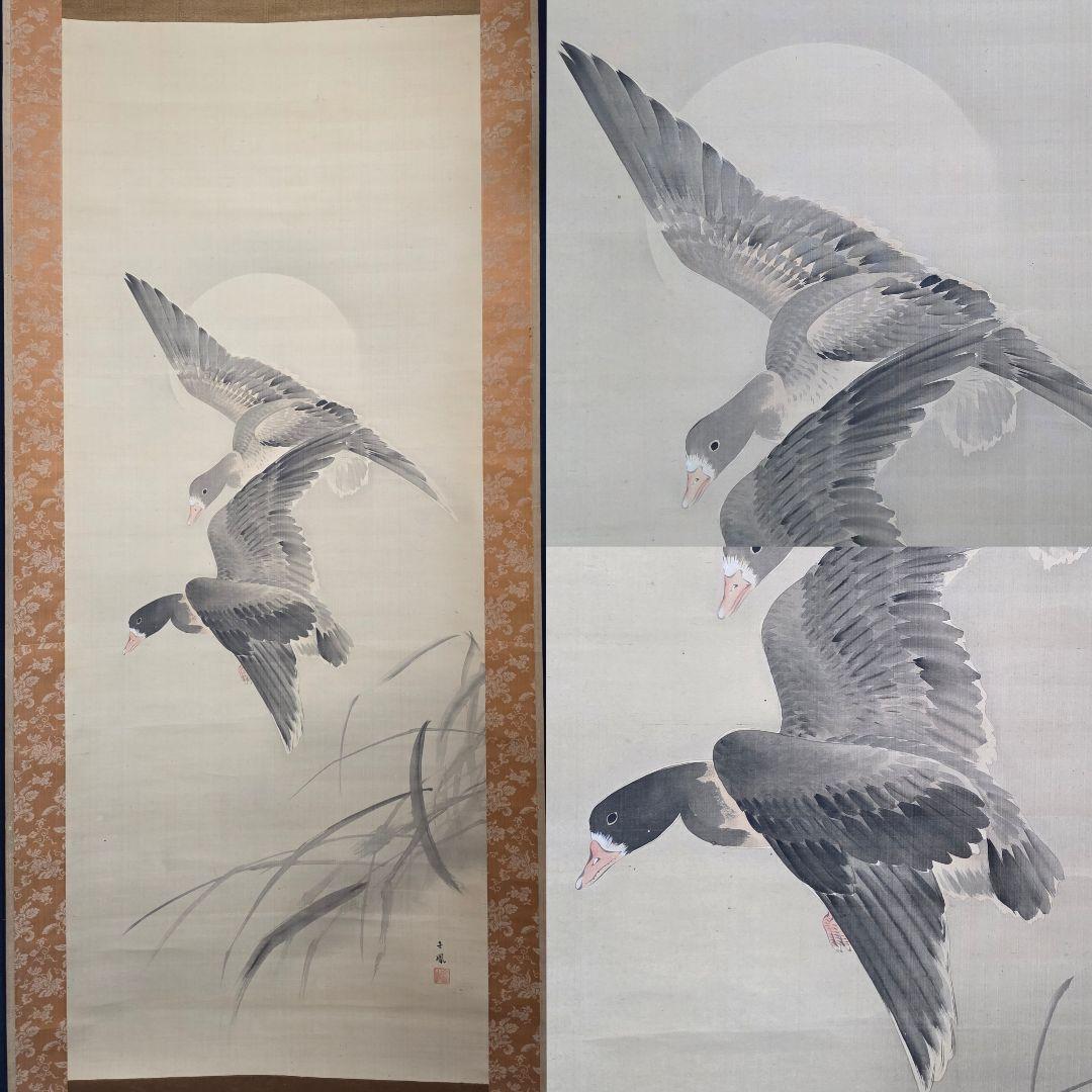 【月に雁図】望月金鳳 2714 秋掛 掛け軸 肉筆