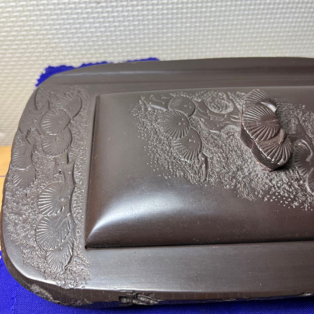 ⭕️赤間硯　石蓋付硯　長久松彫刻　大型硯　赤間硯　くすのき製硯　下井百合昭　昭竜山
