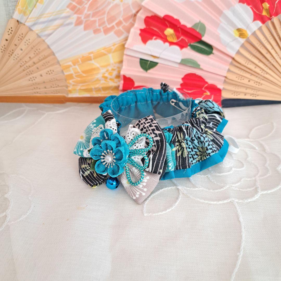 短毛シュシュ和風つまみ細工(黒×エメラルド)わんちゃん猫ちゃん用