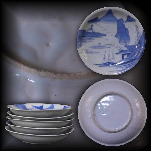 【時代磁器　染付　帆掛　山水文五寸皿　五枚／生掛・切込焼・初期古伊万里】