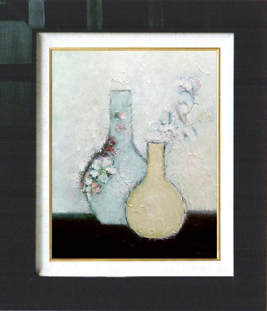 油絵 菅家令子 絵 絵画インテリア額付(青緑＋金色の枠)uF6-111102花瓶